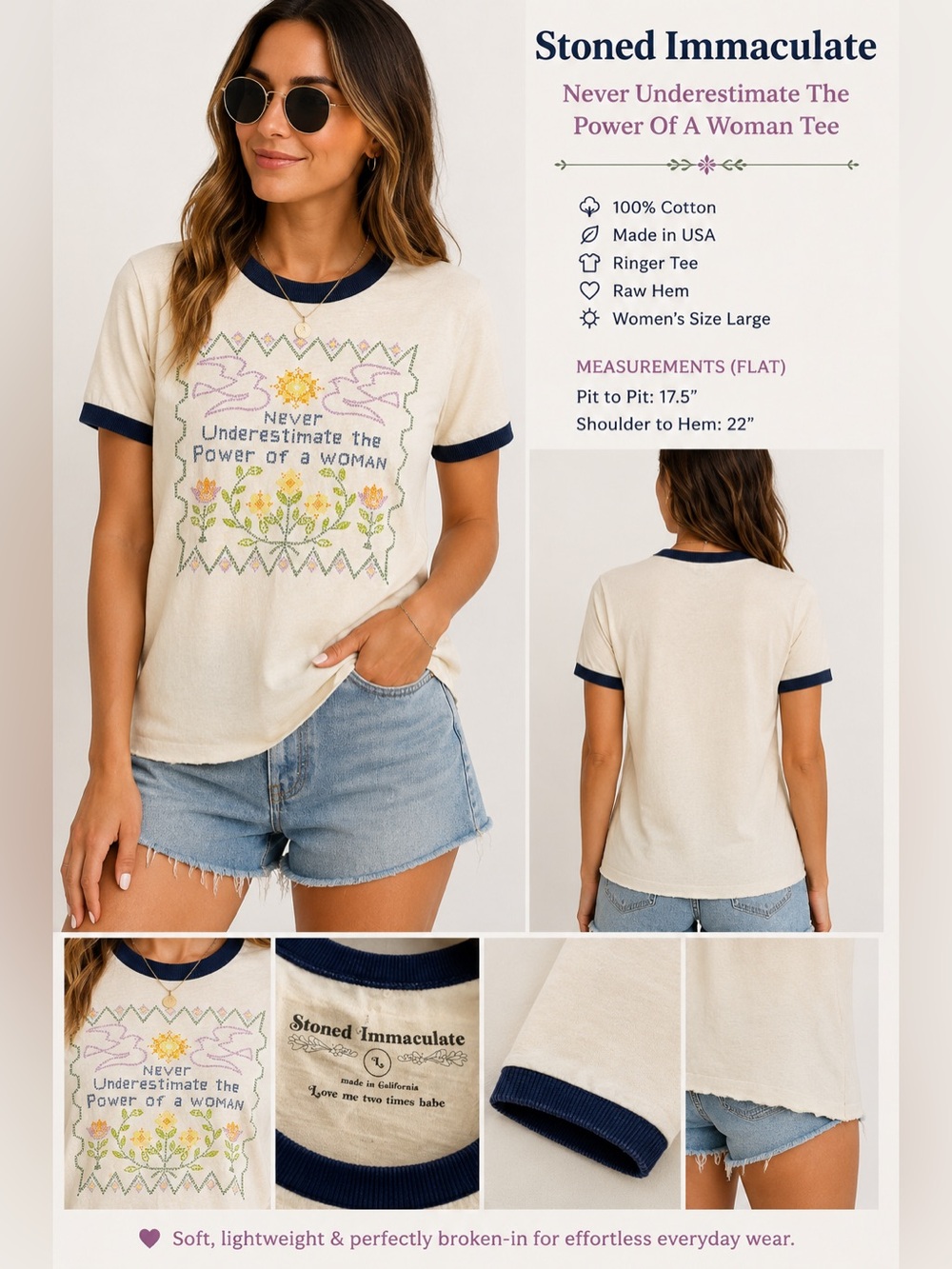 Stoned Immaculate Never Underestimate The Power Of A Woman Ringer Tee Women's L